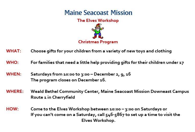 Mission’s Elves Workshop Christmas Program, Dec. 2, 9 & 16