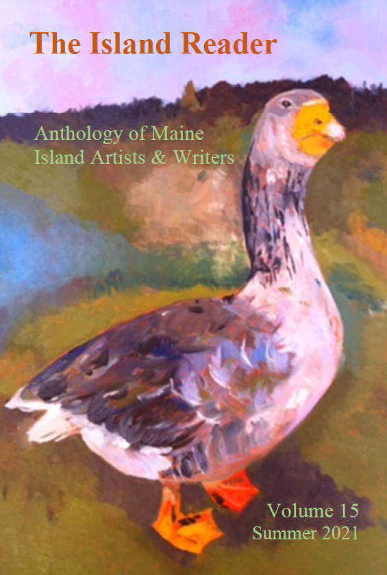 Color cover of The Island Reader, 15th edition, front cover. A duck with white and brown feathers stands on green grass with a body of water behind it.