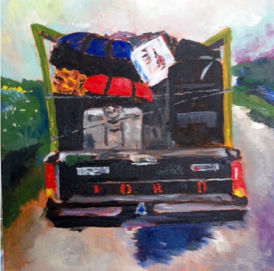 Color painting of a black Ford pick-up loaded with bags. Ellen Vaughan, of Monhegan, uses red, green, yellow, blues and browns to paint the scene.