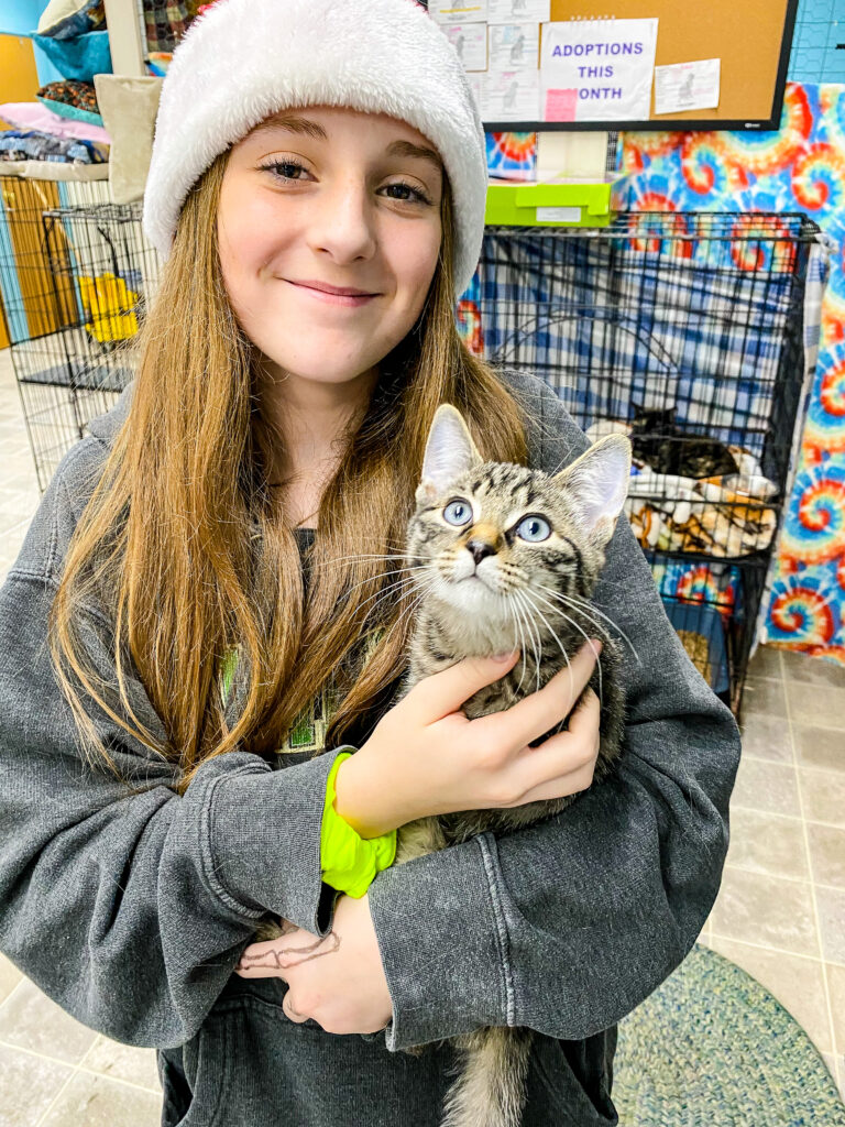 A color photo of a student in the Journey program holding a cat at the Ark Animal Shelter