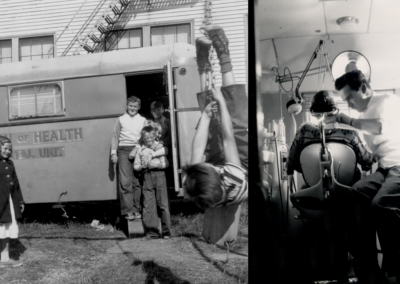 Two black and white photos. The first is of a bus that says "The Bureau of Health" with kids playing in front of it. The second is of a dentist