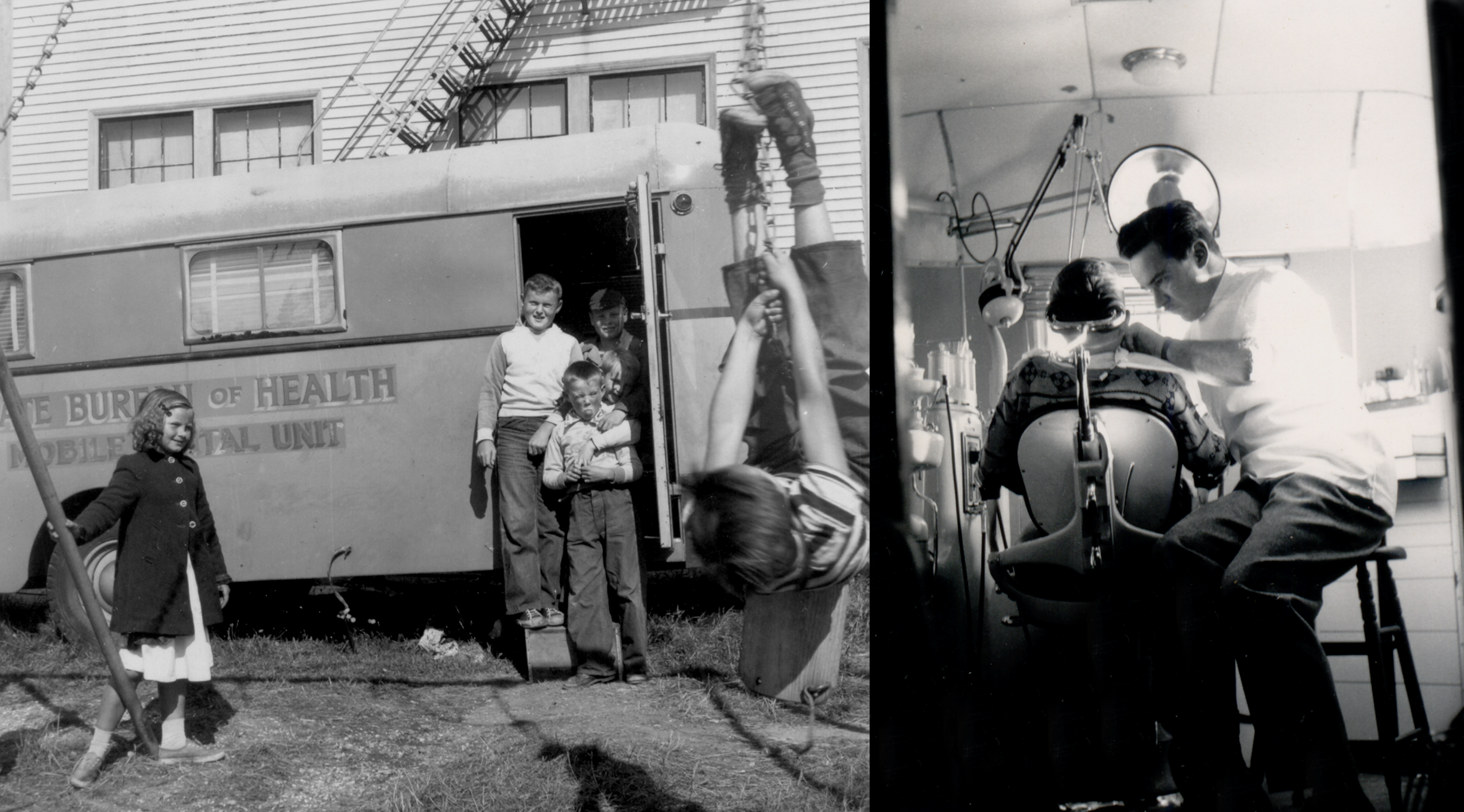Two black and white photos. The first is of a bus that says "The Bureau of Health" with kids playing in front of it. The second is of a dentist 