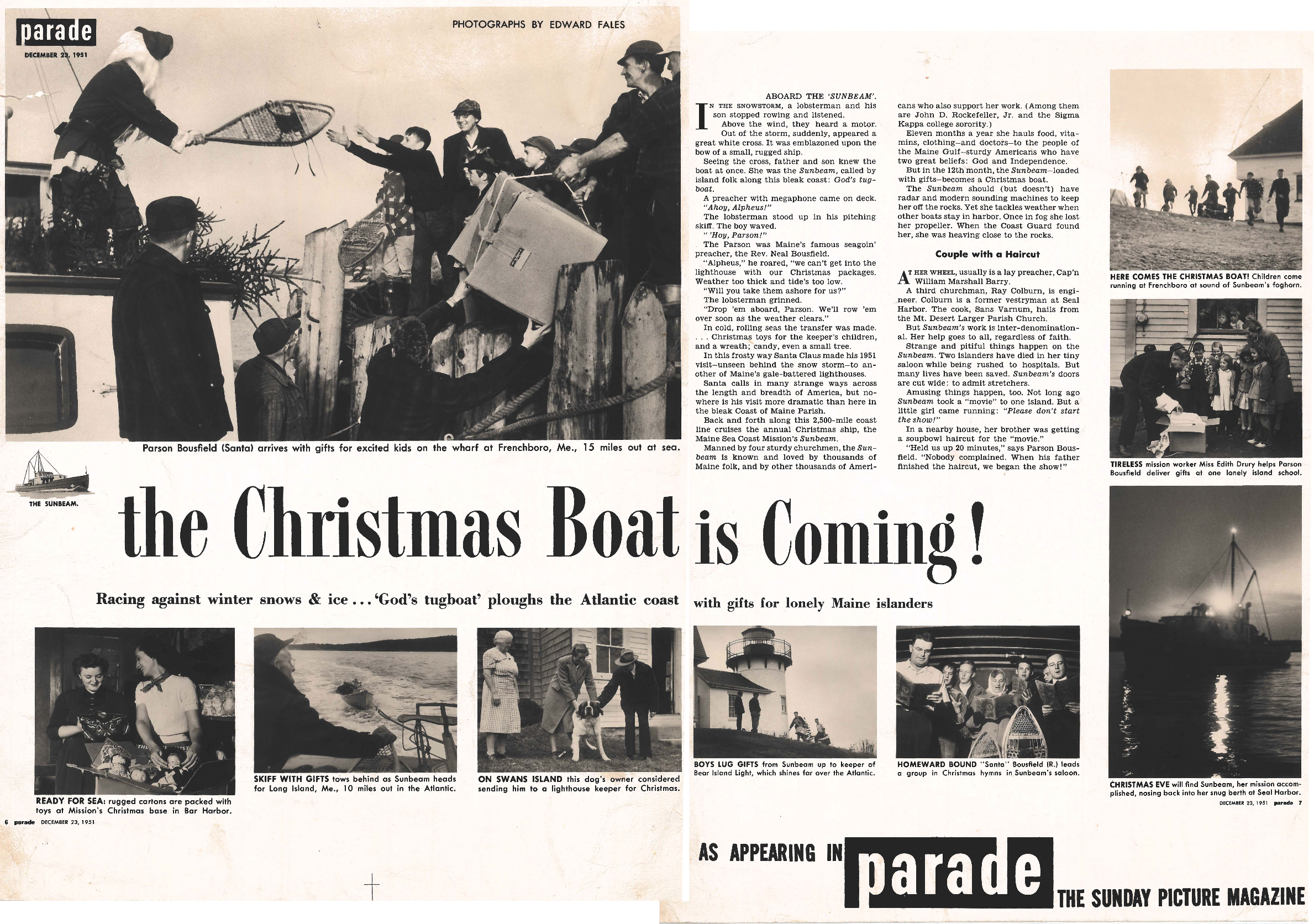 A scan of an article called "The Christmas Boat is Coming" printed in Parade Magazine