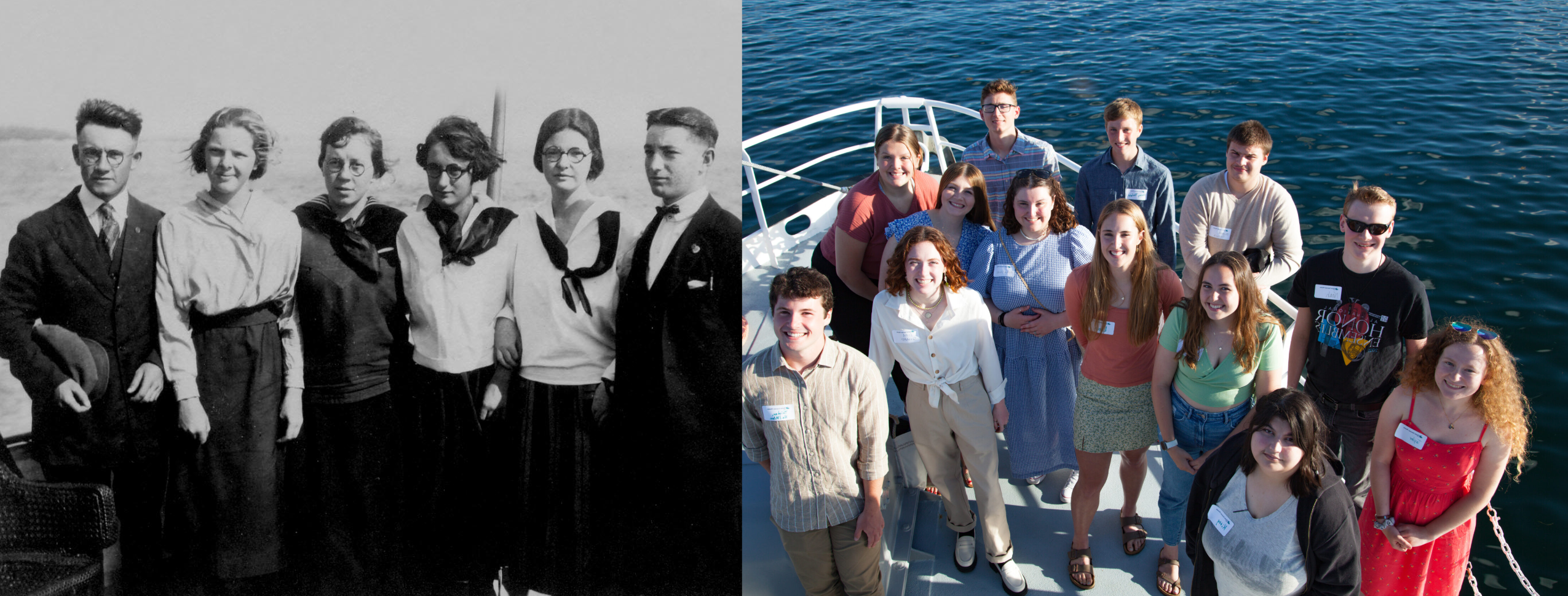 Two photos side by side. The first is a black and white photo of students in the 1900s on the bow of a boat. The second is a similar color photo in 2022
