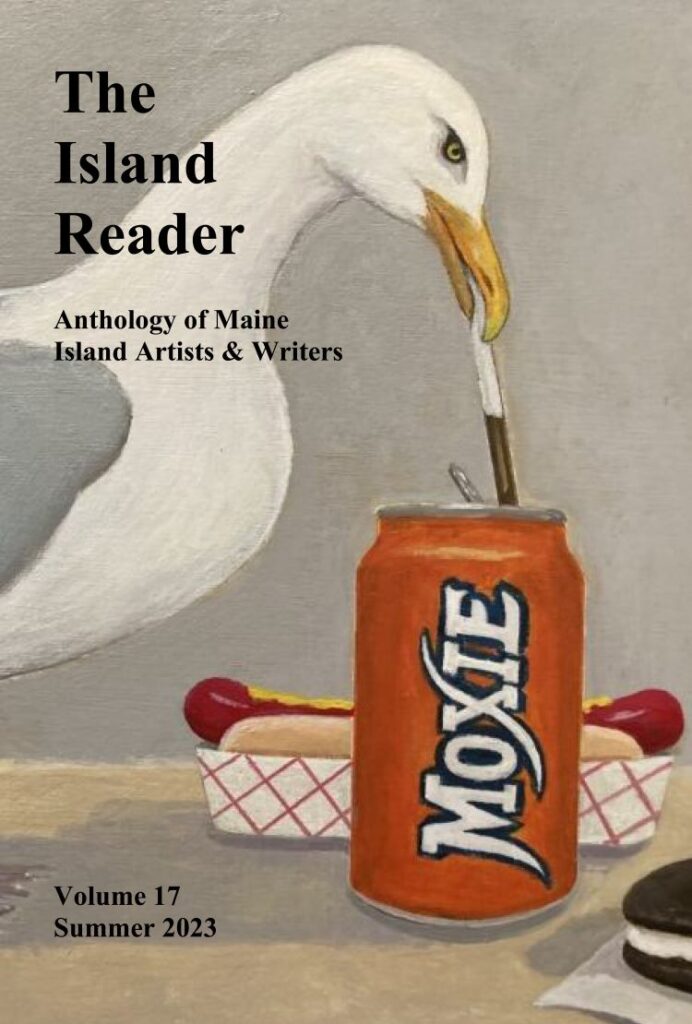 The cover of The Island Reader which is a painting of a seagull drinking Moxie with a "Red Snapper" hot dog in the background