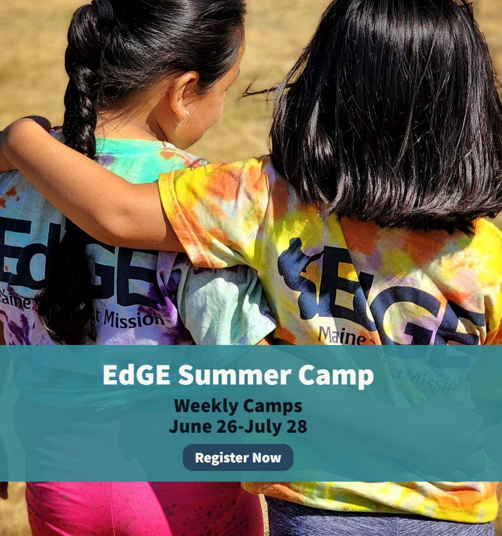 A color photo of two young girls with their arms wrapped around each other. The words on the photo say "EdGE Summer Camp, Weekly Camps June 16-July 28, Register Now." Click to Register. 