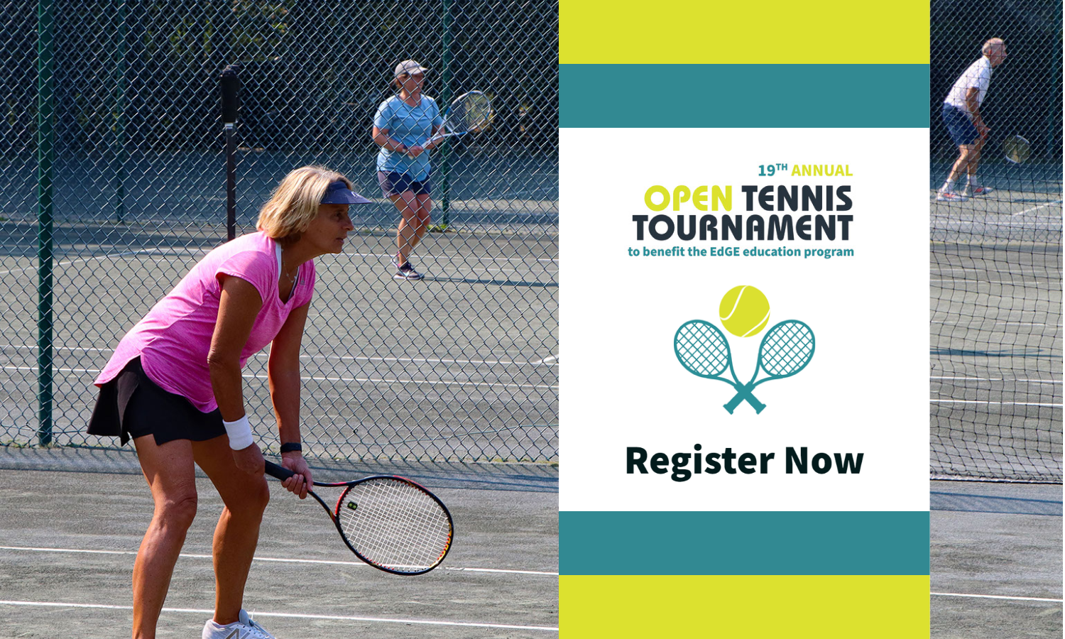 An color image of a woman playing tennis with a banner for the tennis tournament saying register now 