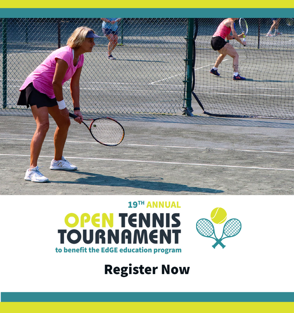 An color image of a woman playing tennis with a banner for the tennis tournament saying register now