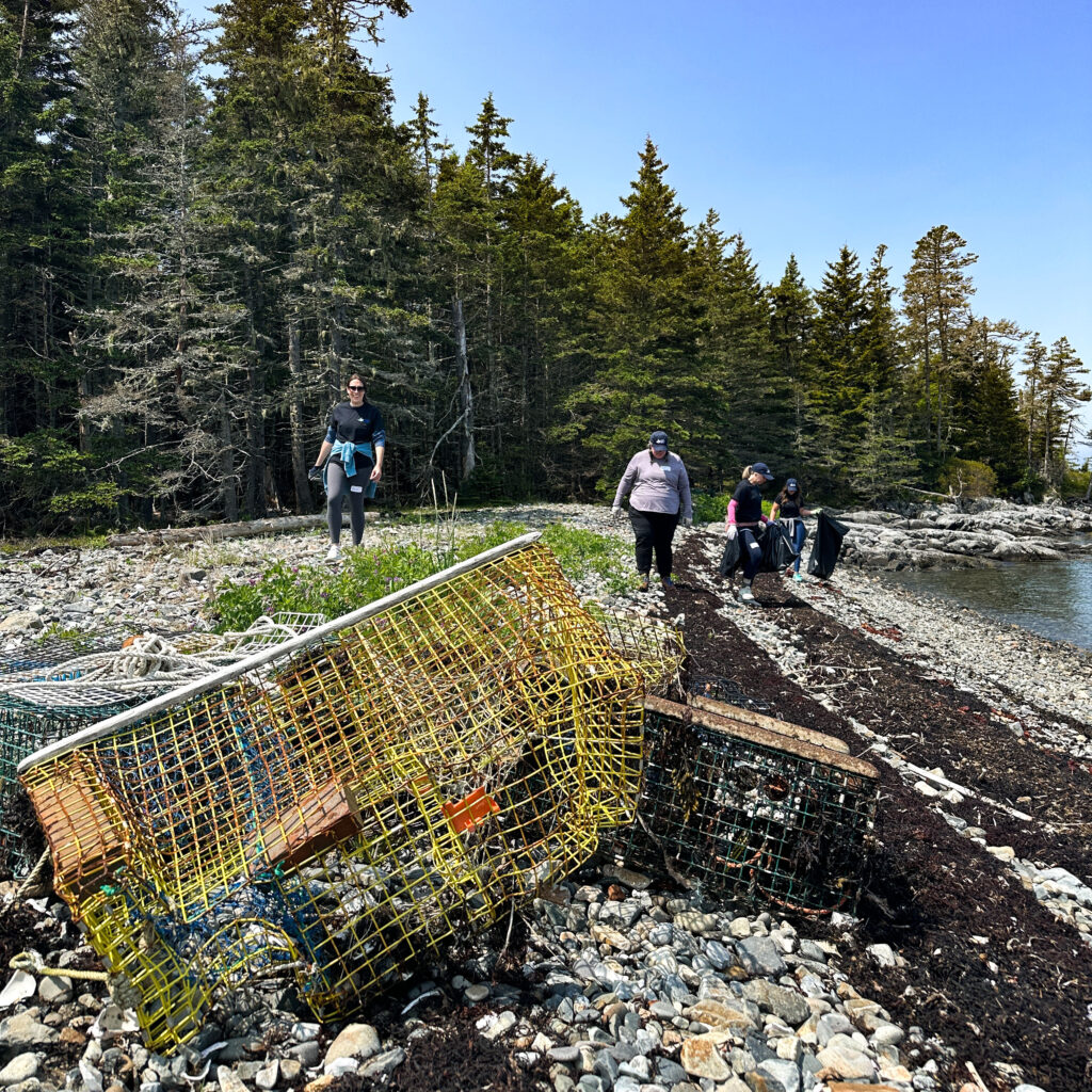 A photo of people cleaning up a beach with lobster traps in front of them