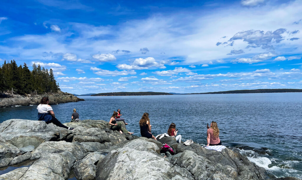 A group of students spread out on the rocks overlooking the ocean