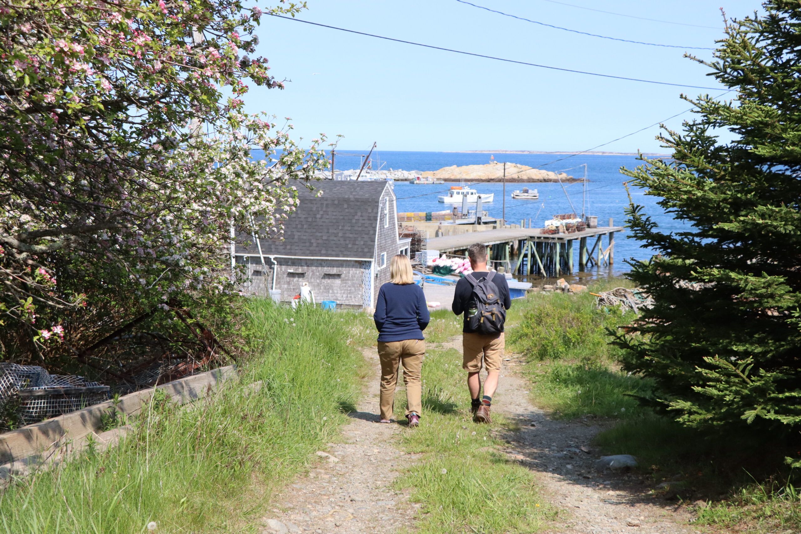 A man and a woman walk away from the camera. They are walking on a dirt path overlooking the ocean. 
