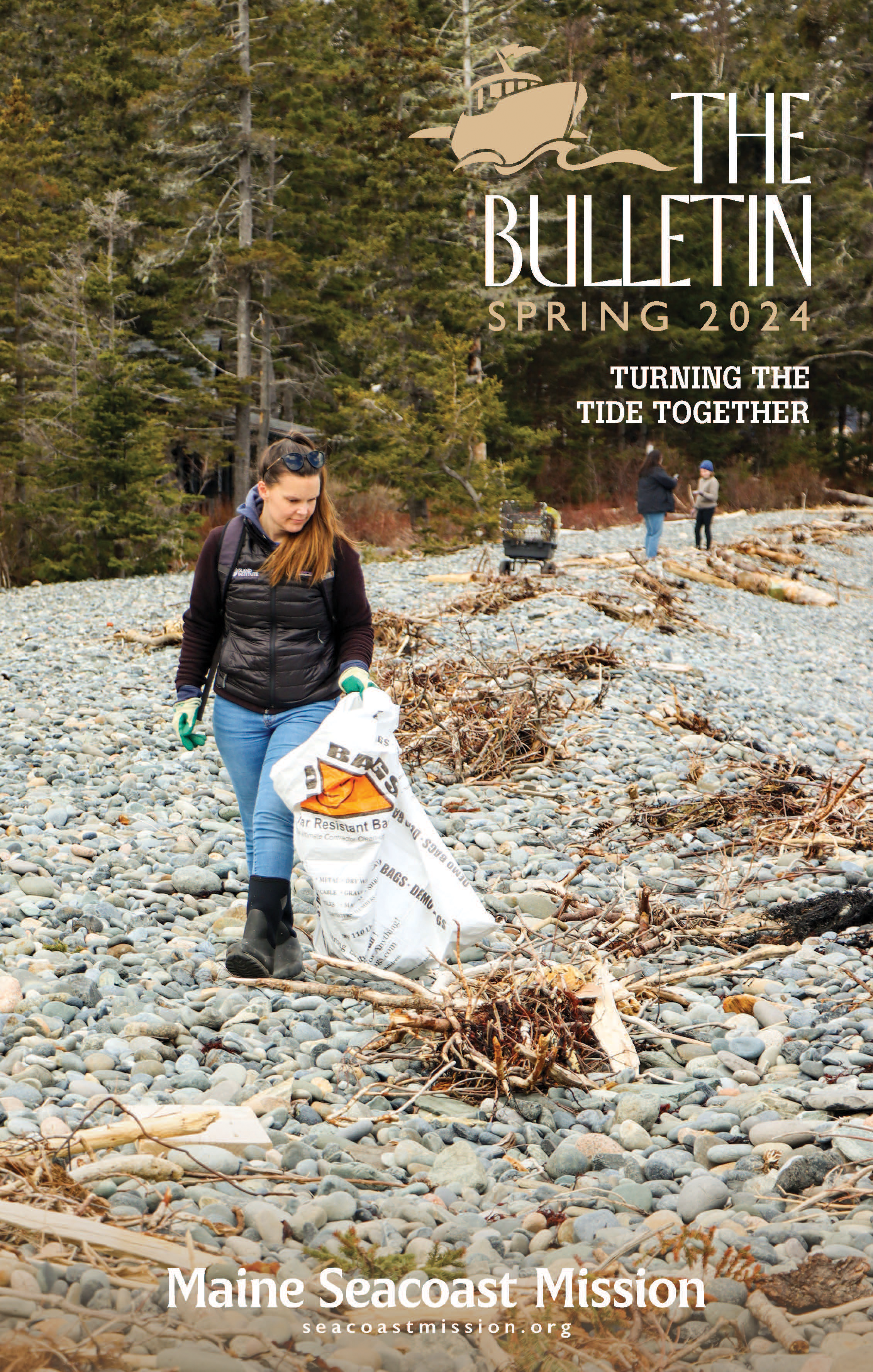 The cover of "The Bulletin" Spring 2024 that reads "Turning the Tide Together" with a photo of a person with a trash bag walking on a beach.