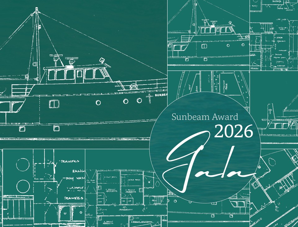 Illustration of Sunbeam boat's bow sailing toward the viewer with a rising sun behind it. Seagulls fly above the water.
