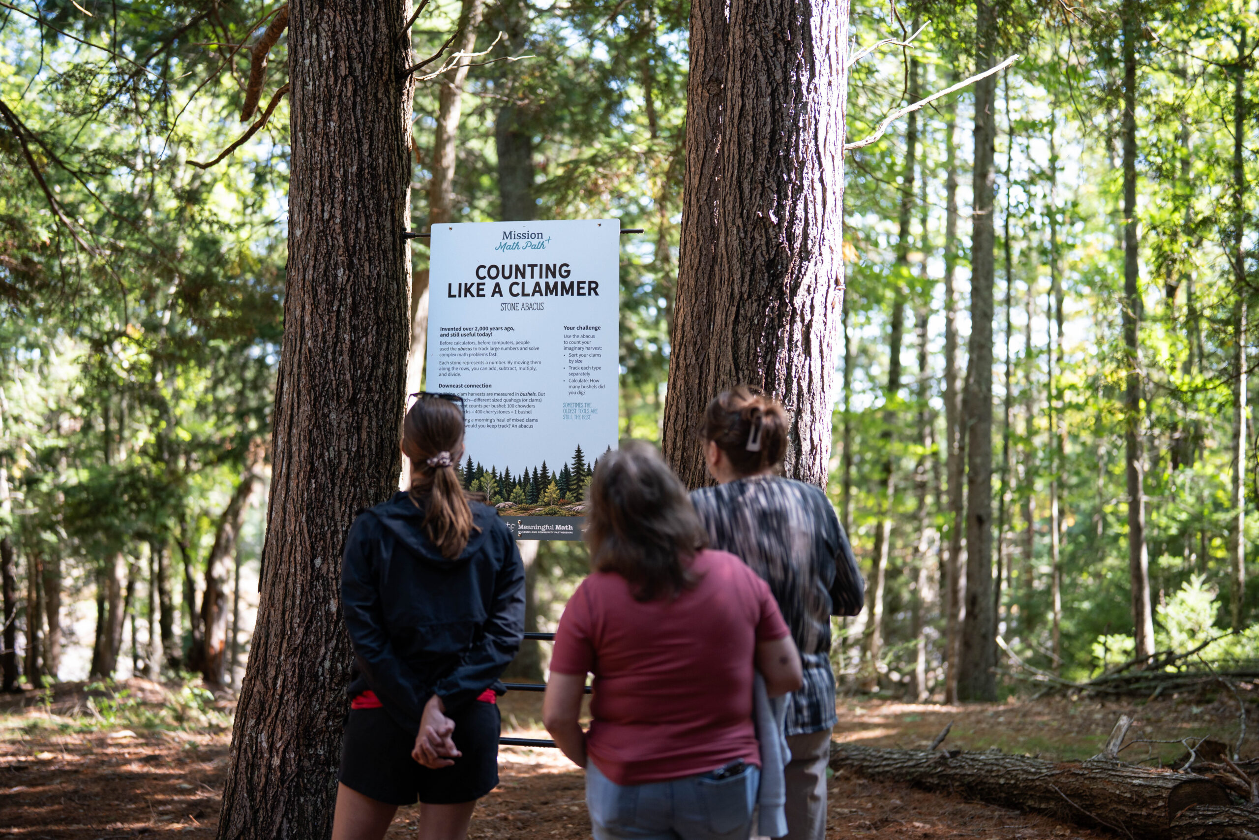 Three people stand in the forest and read a sign that says Stone Abacus. At their feet is are two buckets and an abacus with round stones built between two trees.